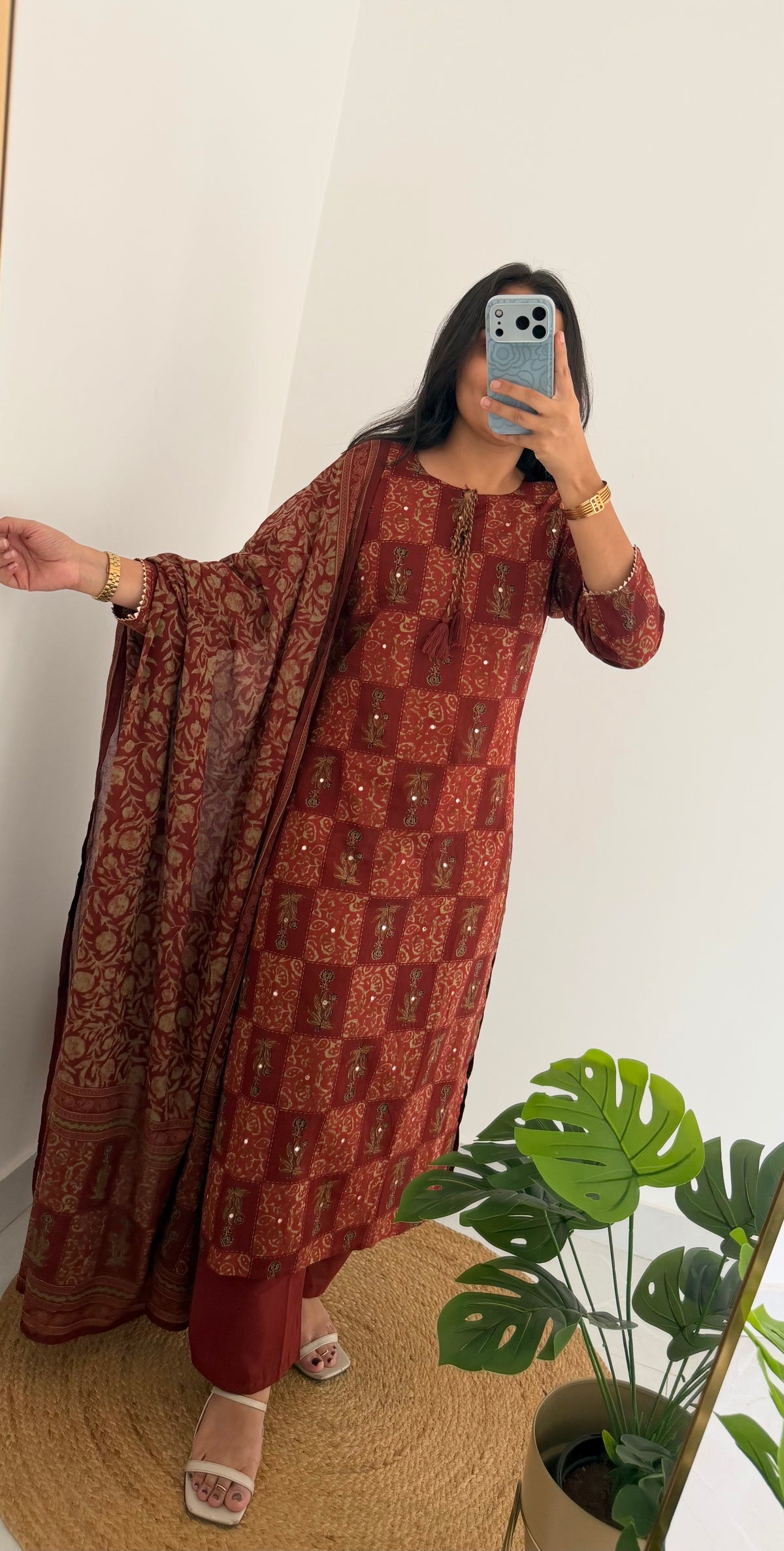 K189 - Mul cotton embroidered straight Kurti with pants and dupatta