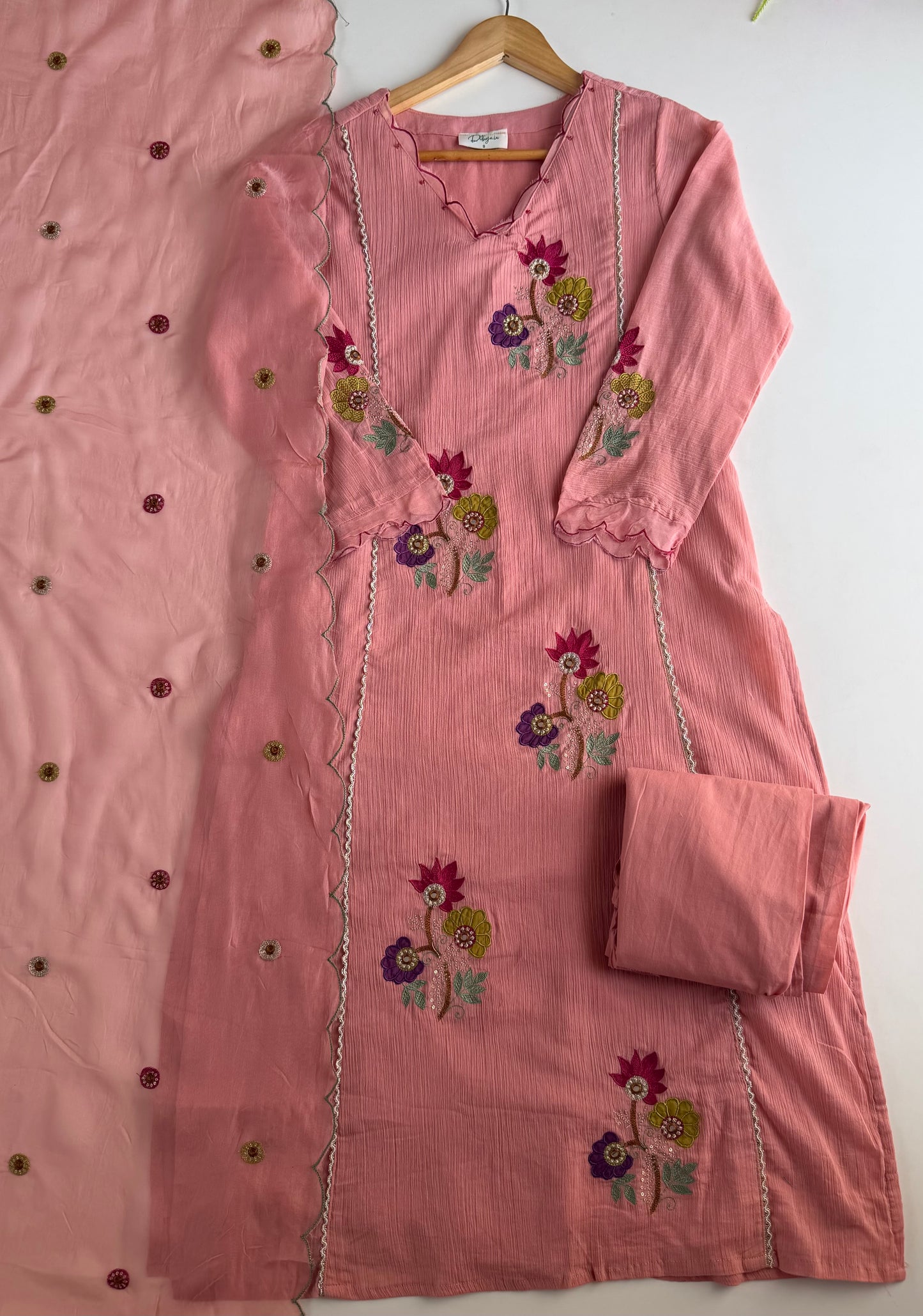 K539 - Crushed mul Chanderi embroidered Aline Kurti with pants and dupatta