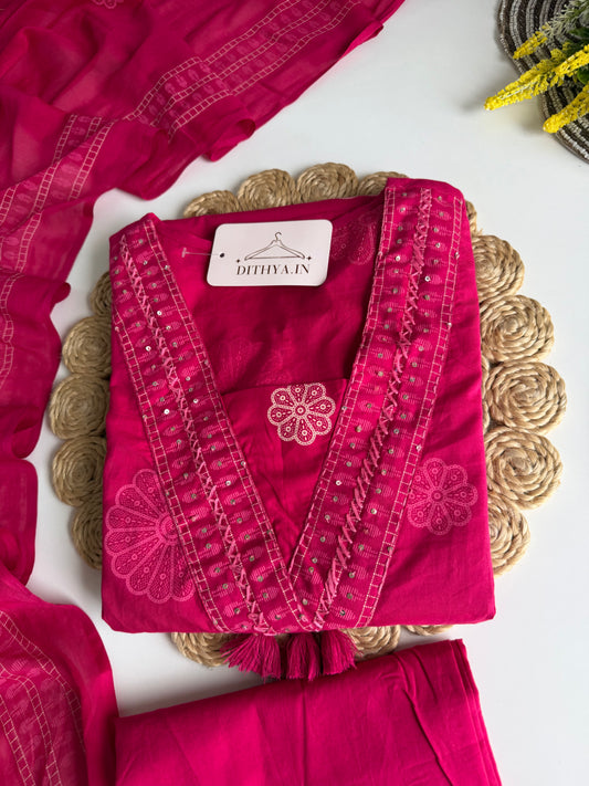 K657 - Mul cotton embroidered Aline Kurti with pants and dupatta in 2 colours