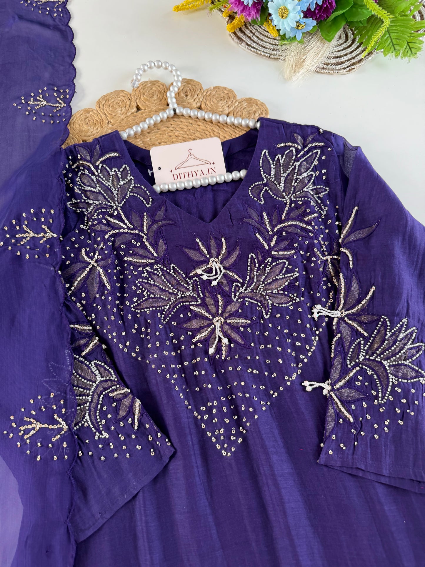 K612 - Mul chanderi handwork aline Kurti with pants and dupatta