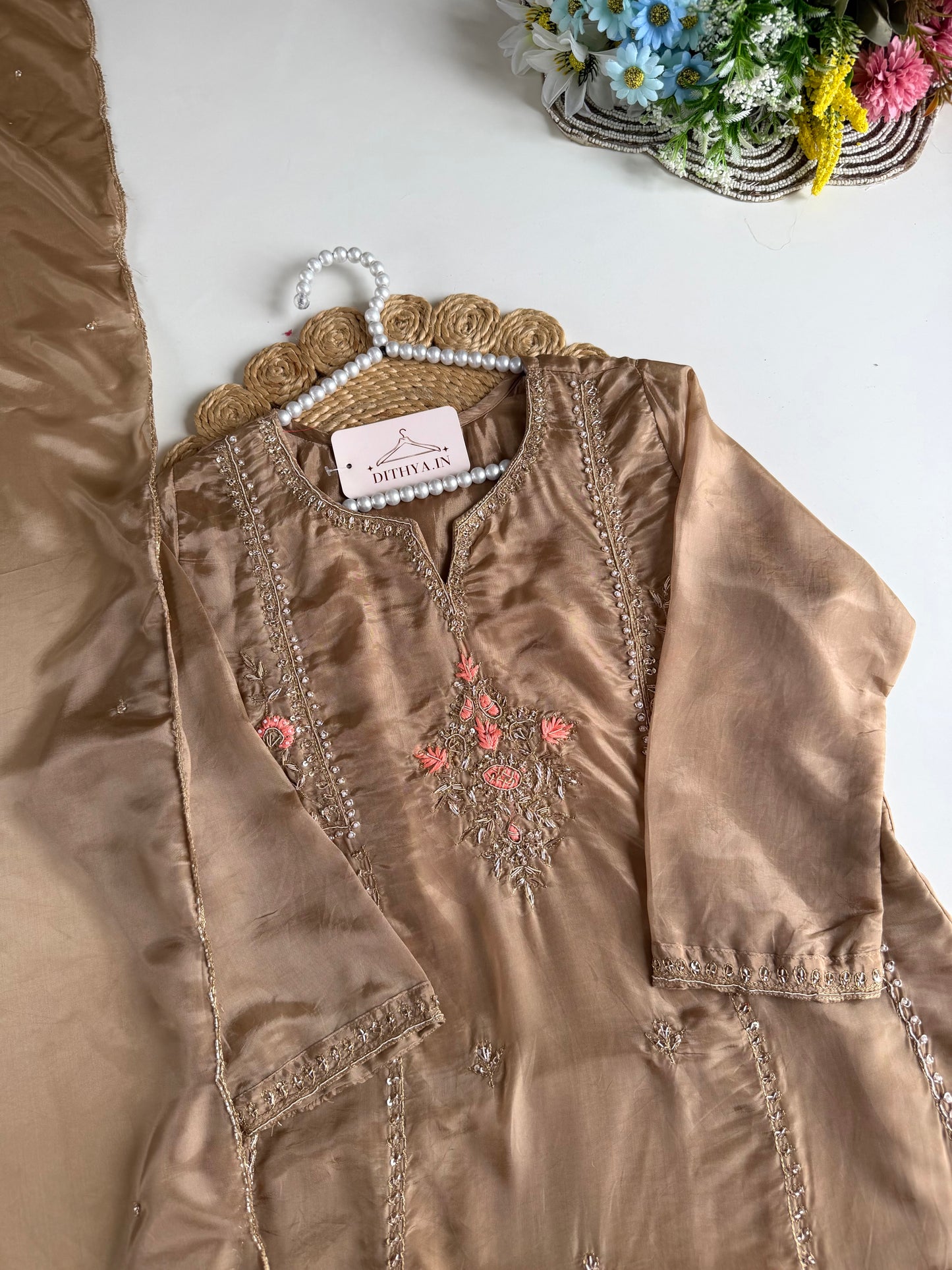 K653 - Tissue silk handwork Anarkali with pants and dupatta