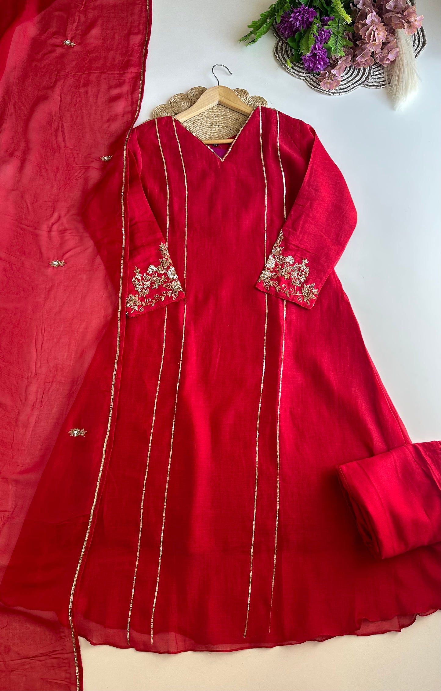 K070 - Mul Chanderi handwork Aline Kurti with pants and dupatta