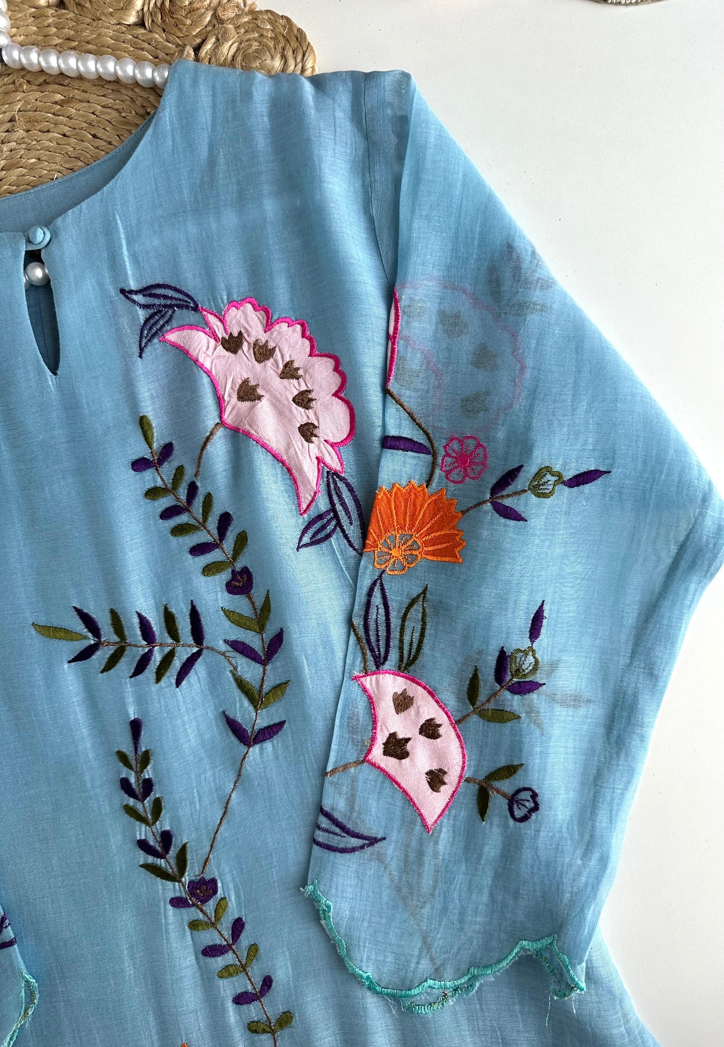 K367 - Mul Chanderi appliqué work Aline Kurti with pants and dupatta