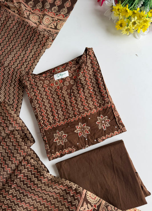 K076 - Mul cotton printed embroidered Aline Kurti with pants and dupatta