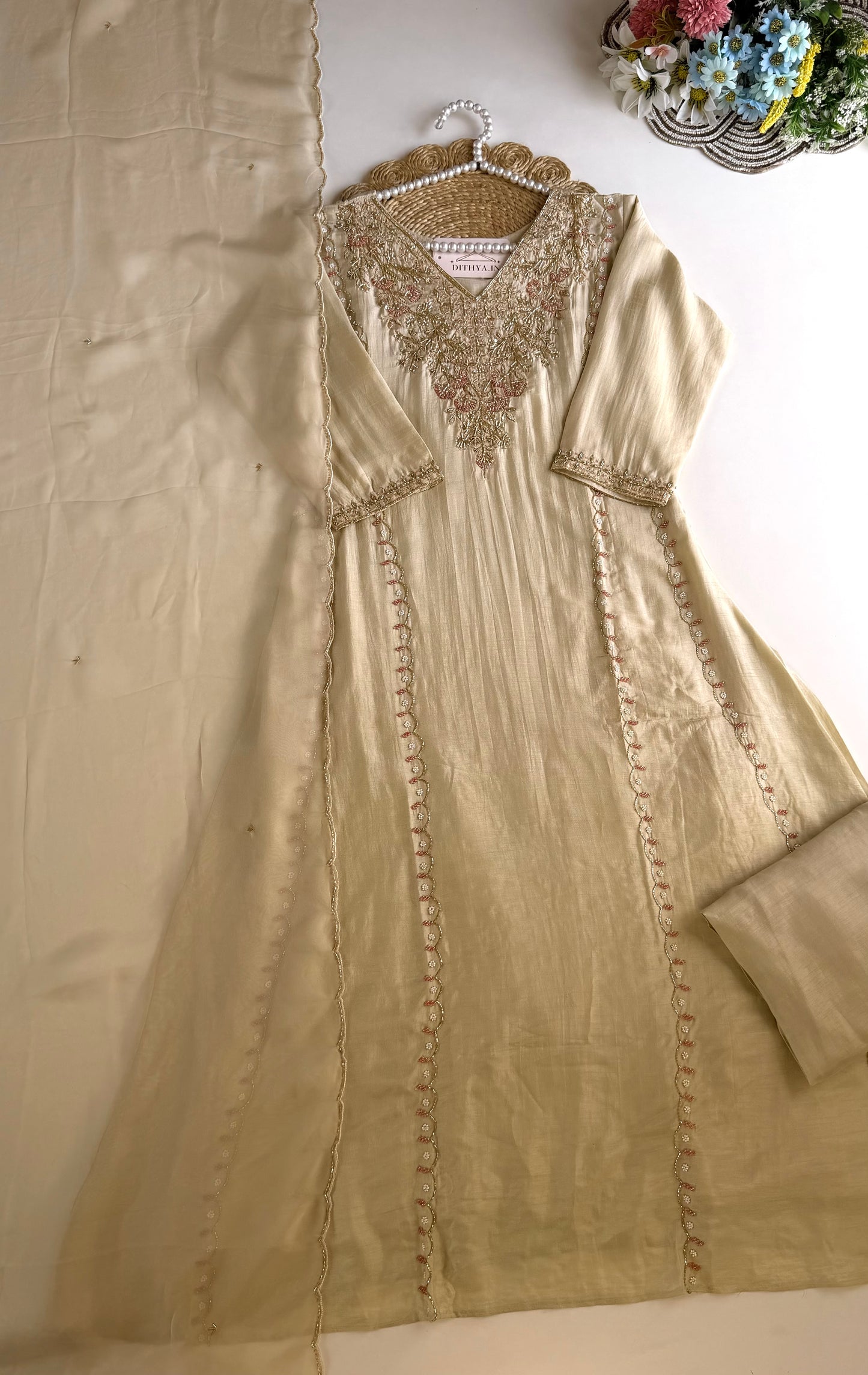 K628 - Russian silk handwork aline Kurti with pants and dupatta