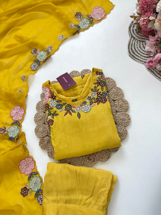 K166 - Russian silk Applique handwork straight kurti with pants and dupatta