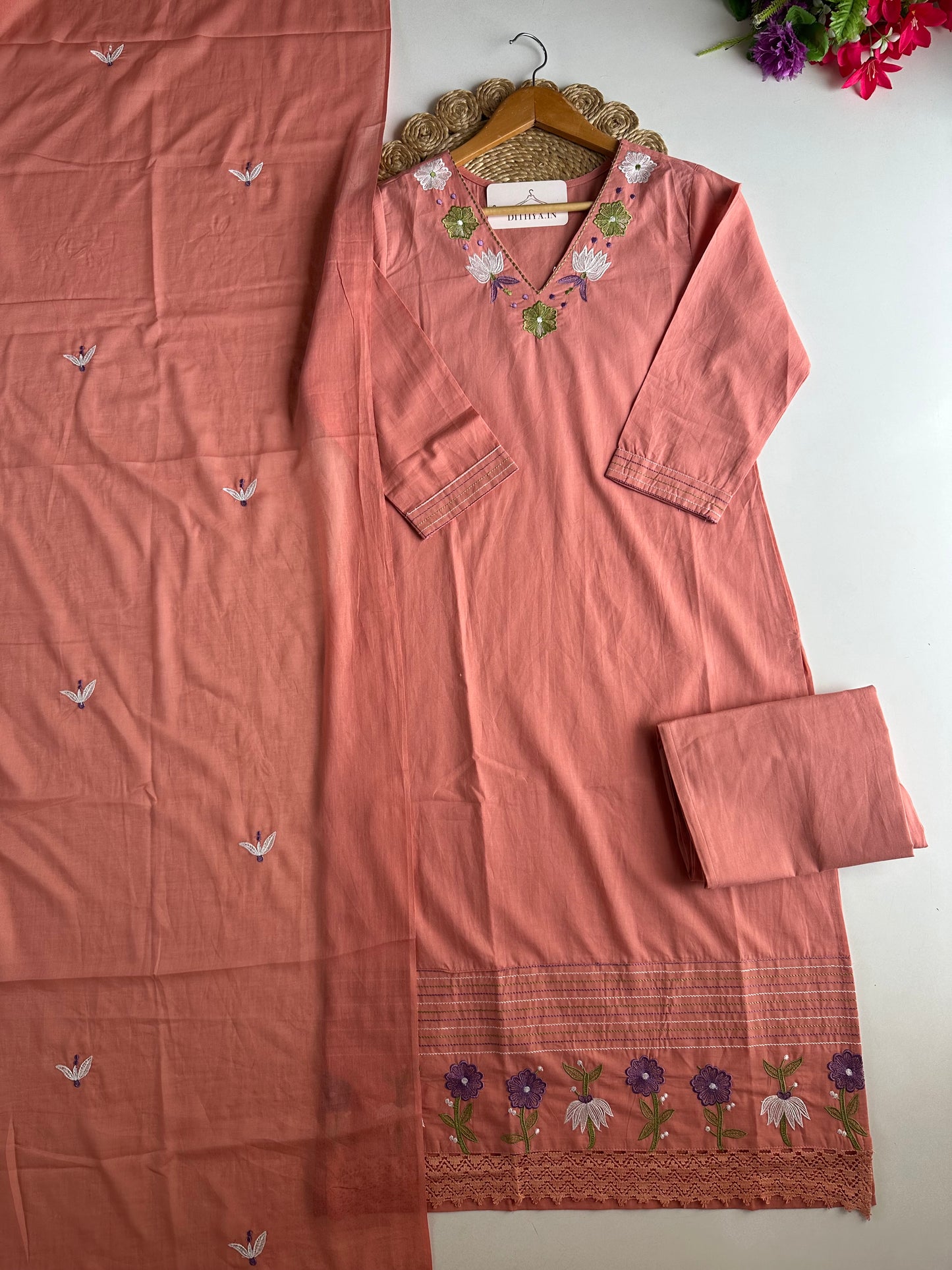 K655 - Mul cotton embroidered straight Kurti with pants and dupatta