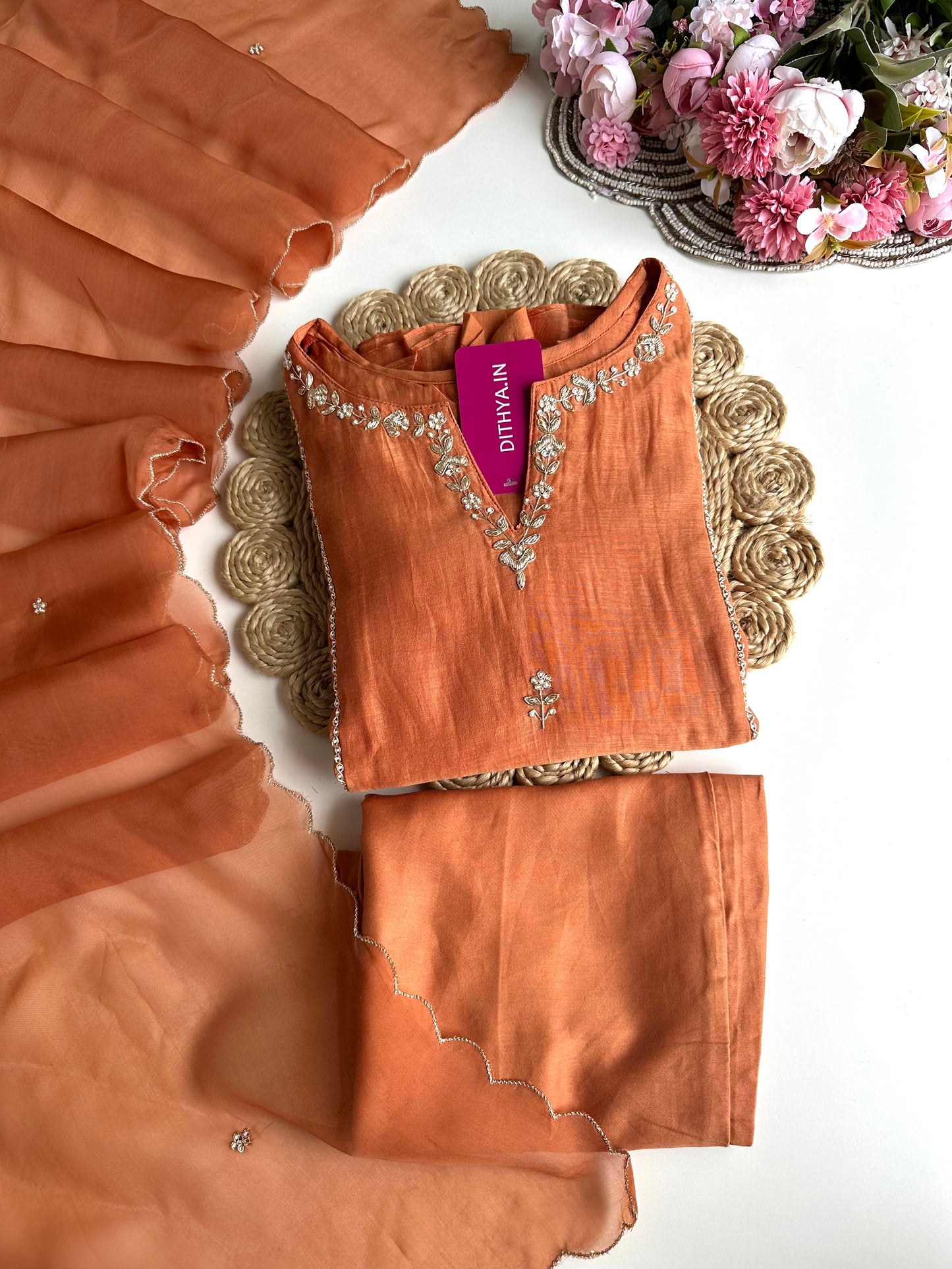 K160 - Mul Chanderi handwork Aline Kurti with pants and dupatta