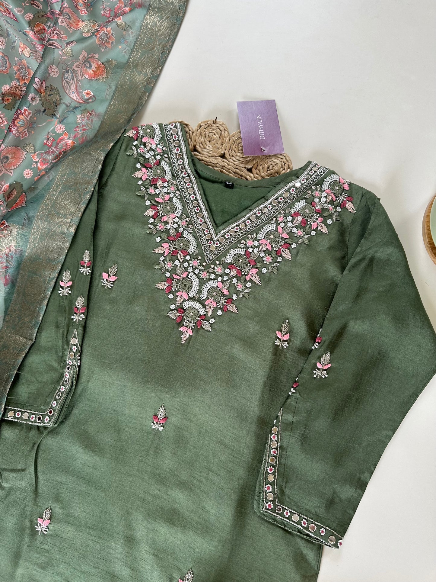 K131 - Russian silk Handwork straight kurti with pants and floral organza dupatta .