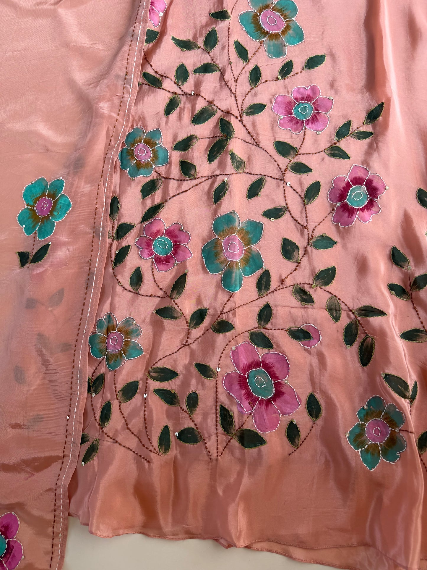 K120 - Pure crape hand painted embroidered Aline Kurti with pants and dupatta