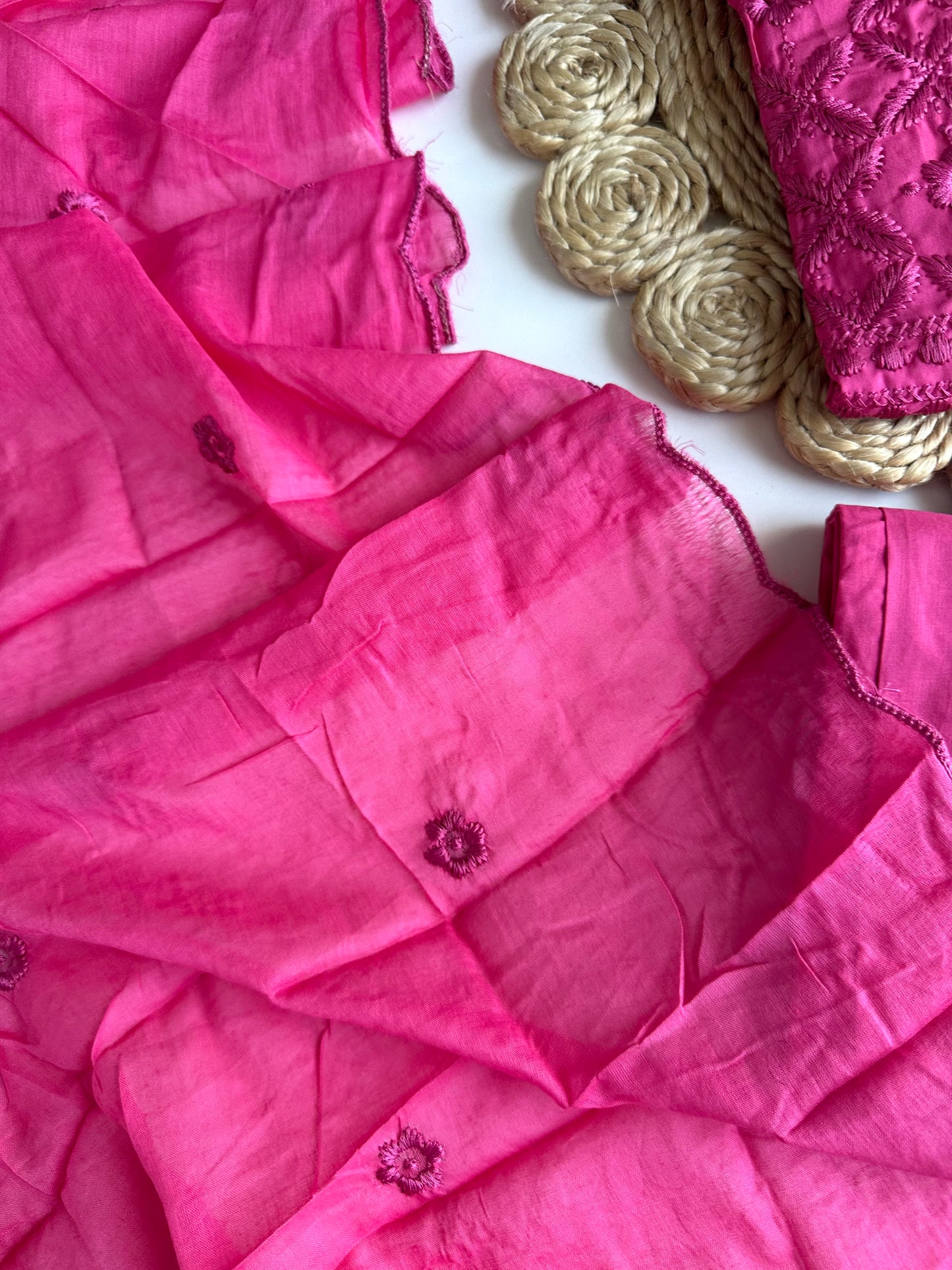 K467 - Mul cotton chikankari straight Kurti with pants and dupatta
