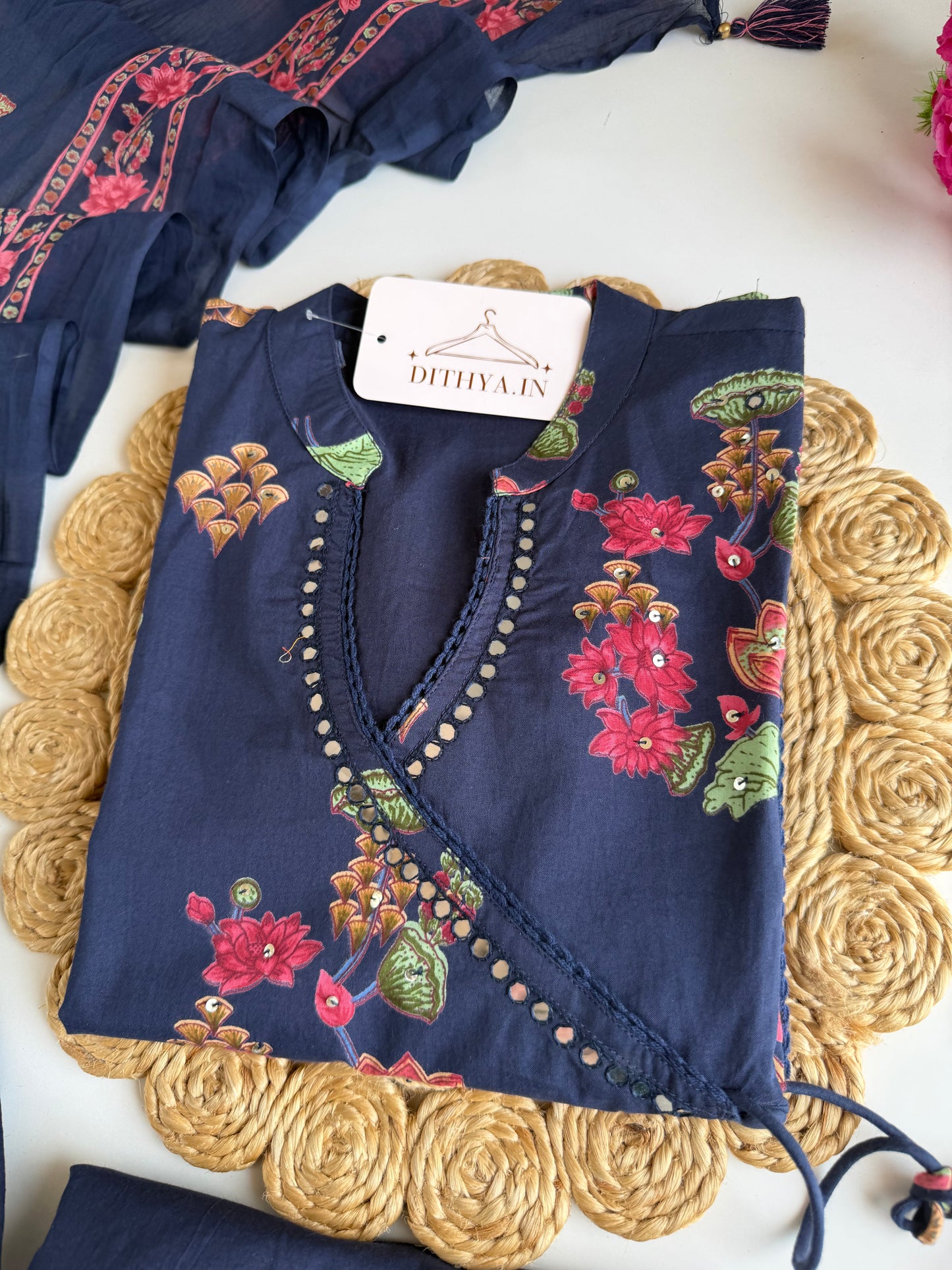 K730 - Mul cotton floral angrakha straight Kurti with pants and dupatta
