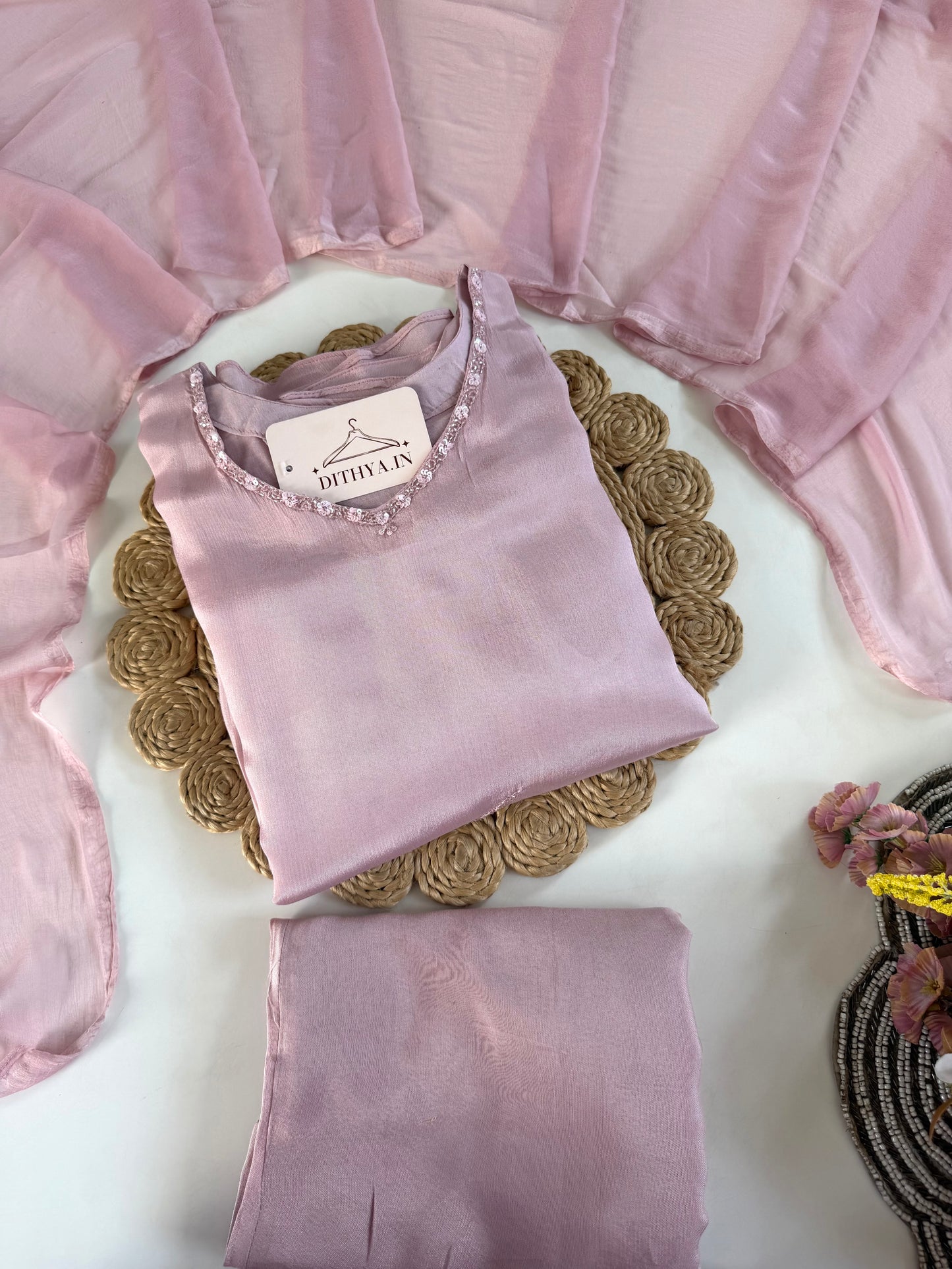 K308 - Chinnon handwork Aline Kurti with pants and dupatta