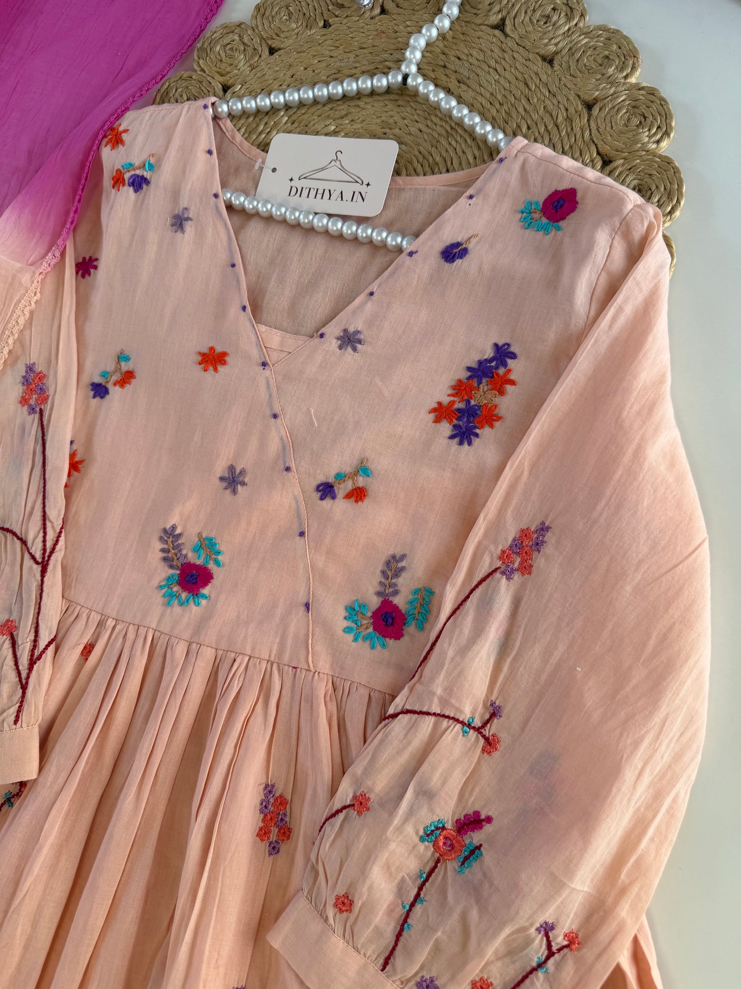 K633 - Mul cotton embroidered Anarkali with pants and dupatta