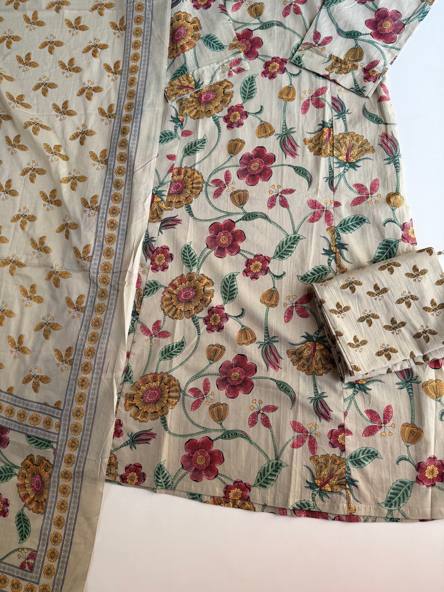 K139 - Mul cotton floral printed Aline Kurti with pants and dupatta