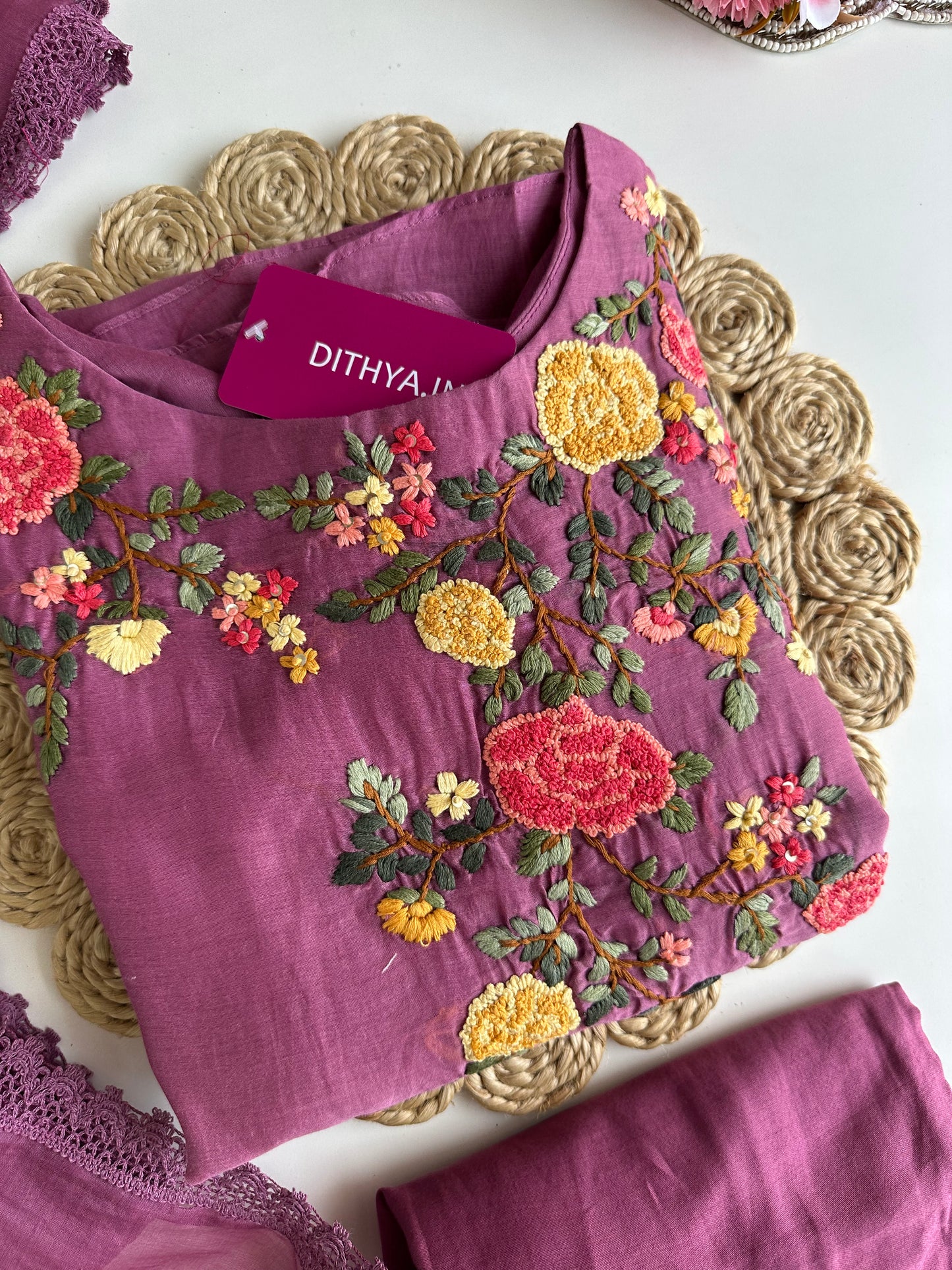 K257 - Mul Chanderi embroidered Aline Kurti with pants and dupatta