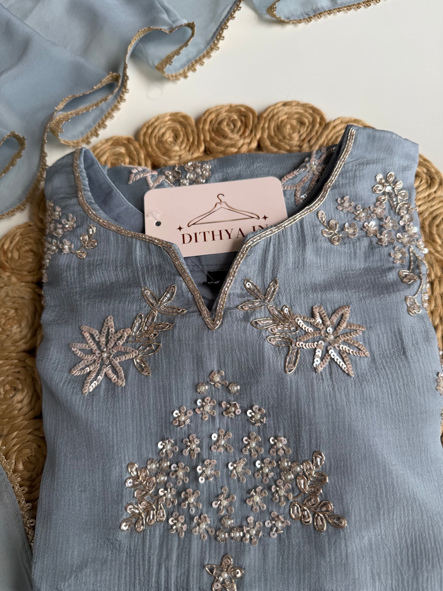 K670 - Pure Chinnon handwork short Kurti with pants and dupatta