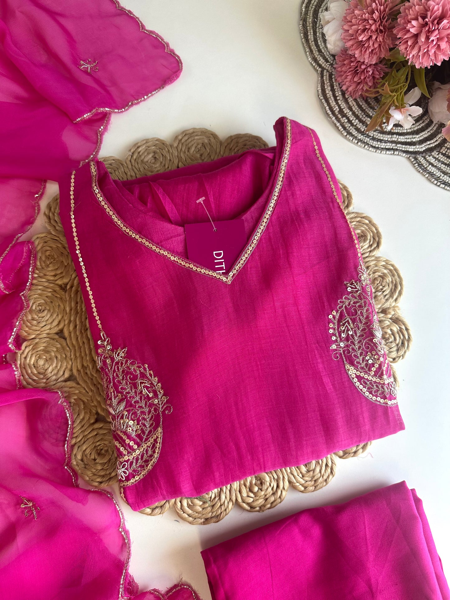 K460 - Mul Chanderi zardosi work Aline Kurti with pants and dupatta
