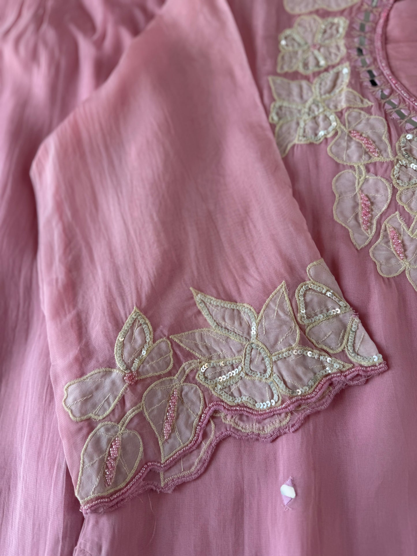 K046 - Viscose organza appliqué handwork short Kurti with divider pants and dupatta