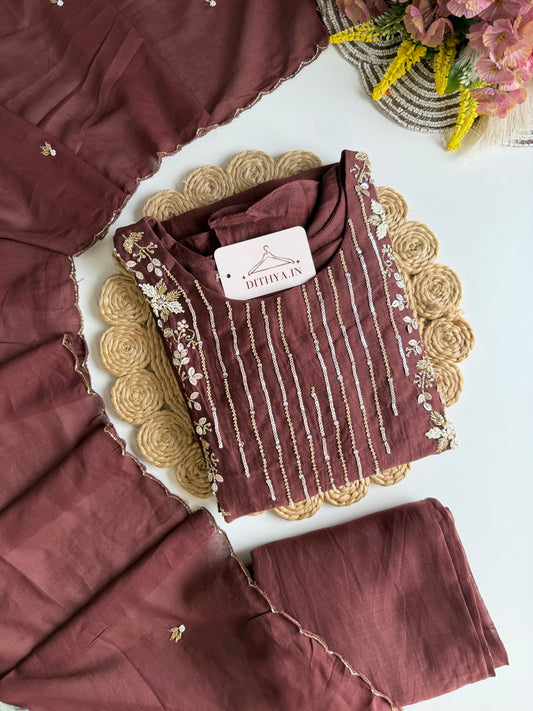 K443 - Mul chanderi handwork Aline Kurti with pants and dupatta