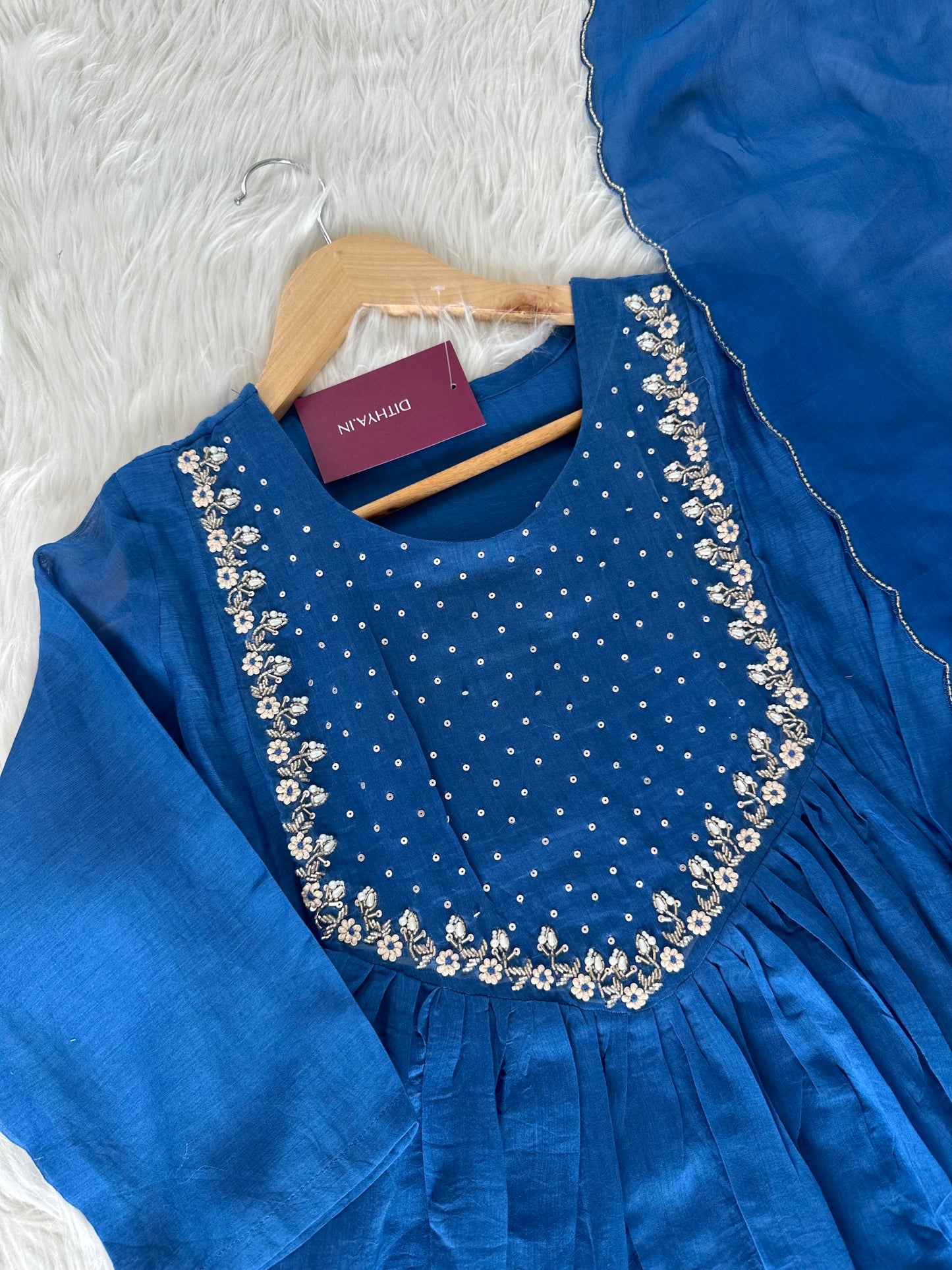 K087 - Mul Chanderi handwork Aline Kurti with pants and dupatta in 3 colours