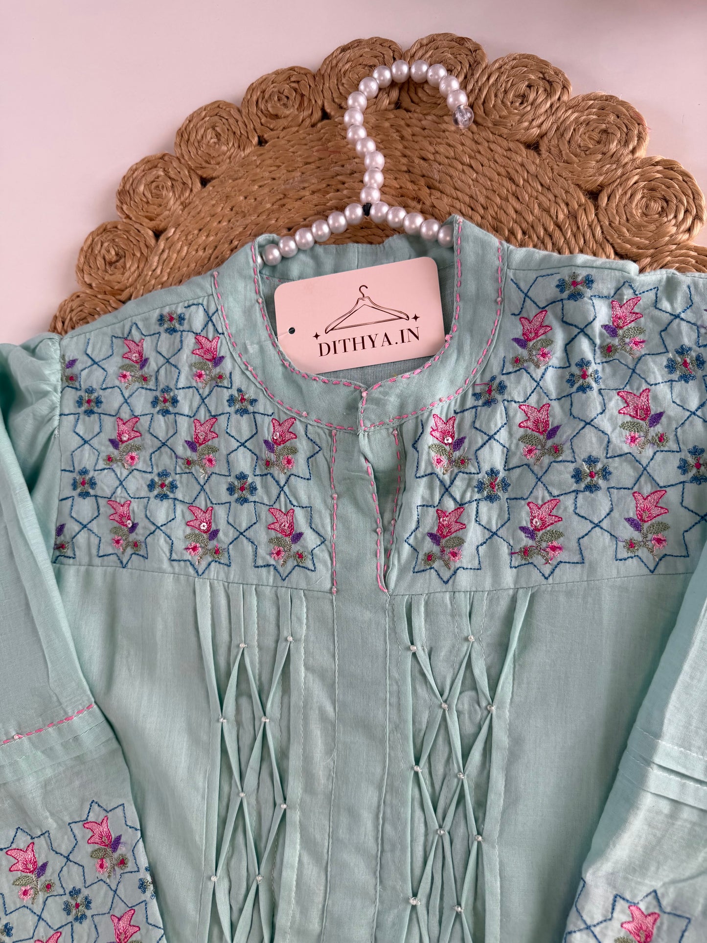 K621 - Mul cotton embroidered Aline Kurti with pants