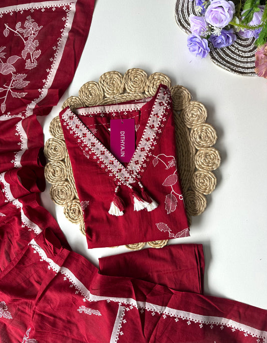 K340 - Cotton printed straight Kurti with pants and dupatta