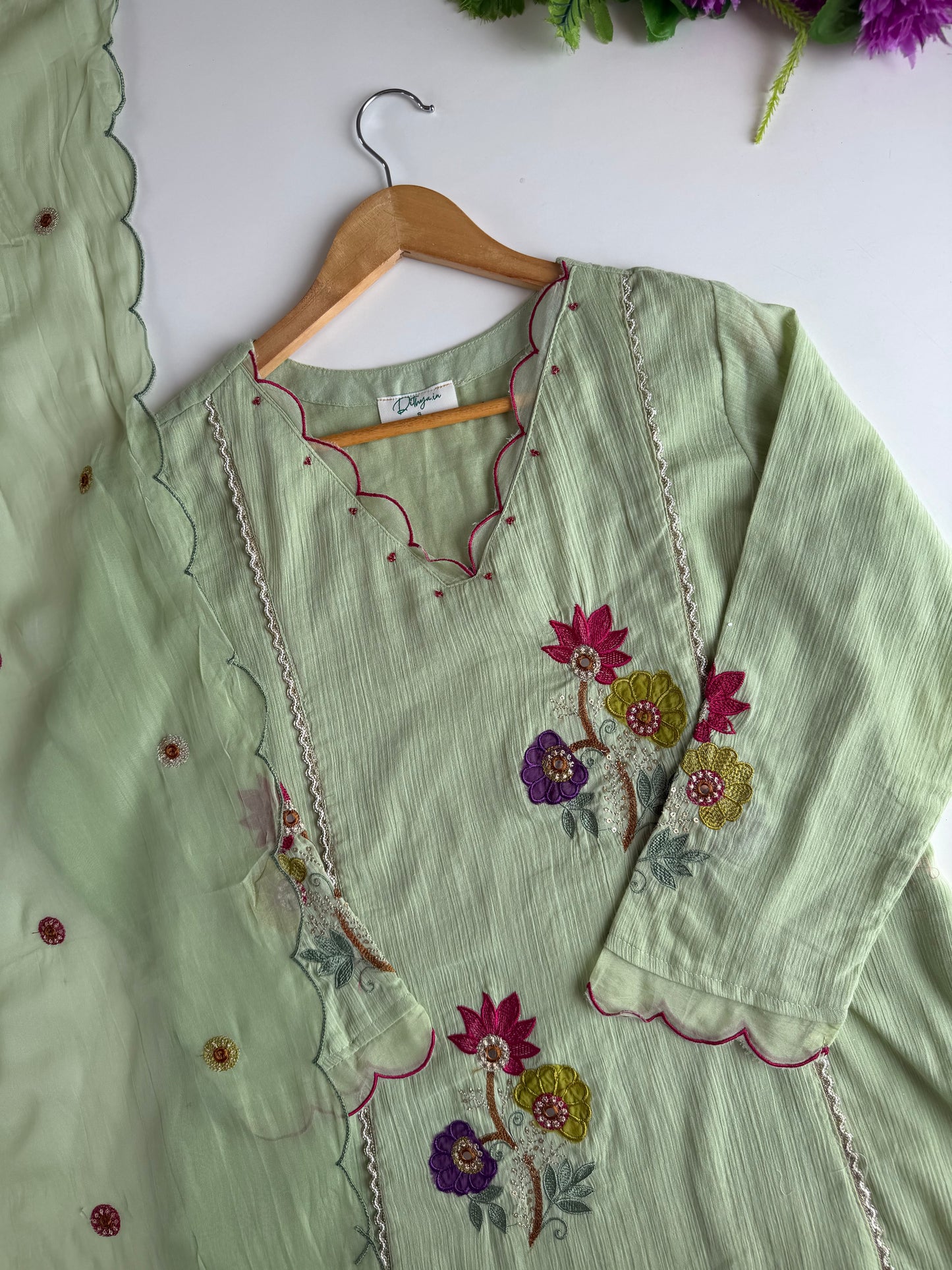 K539 - Crushed mul Chanderi embroidered Aline Kurti with pants and dupatta