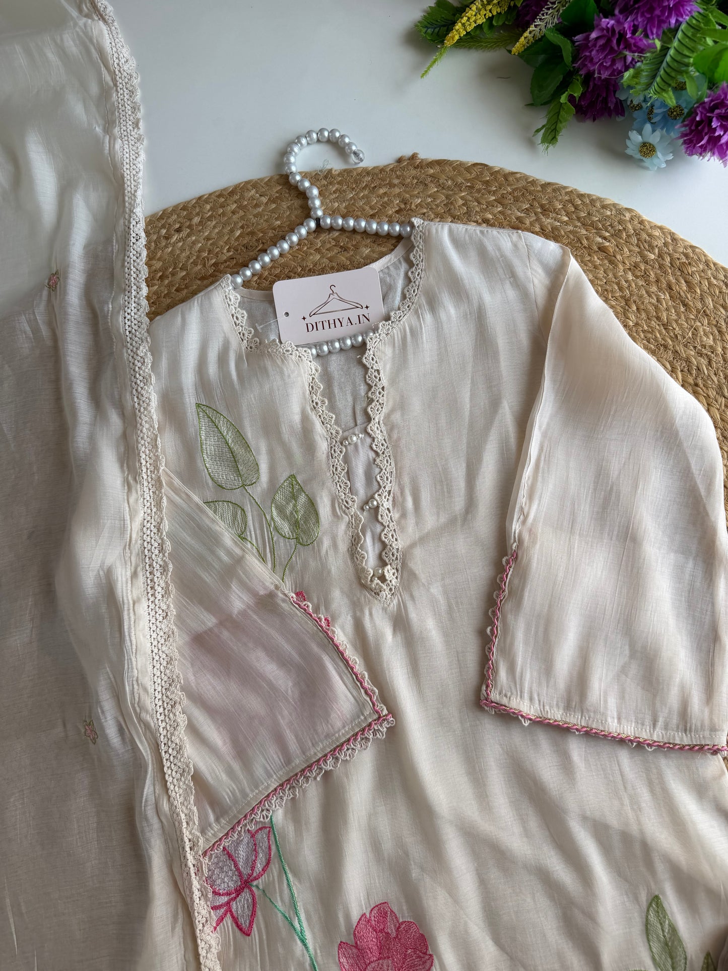 K345 - Muslin silk embroidered straight Kurti with pants and dupatta in 2 colours