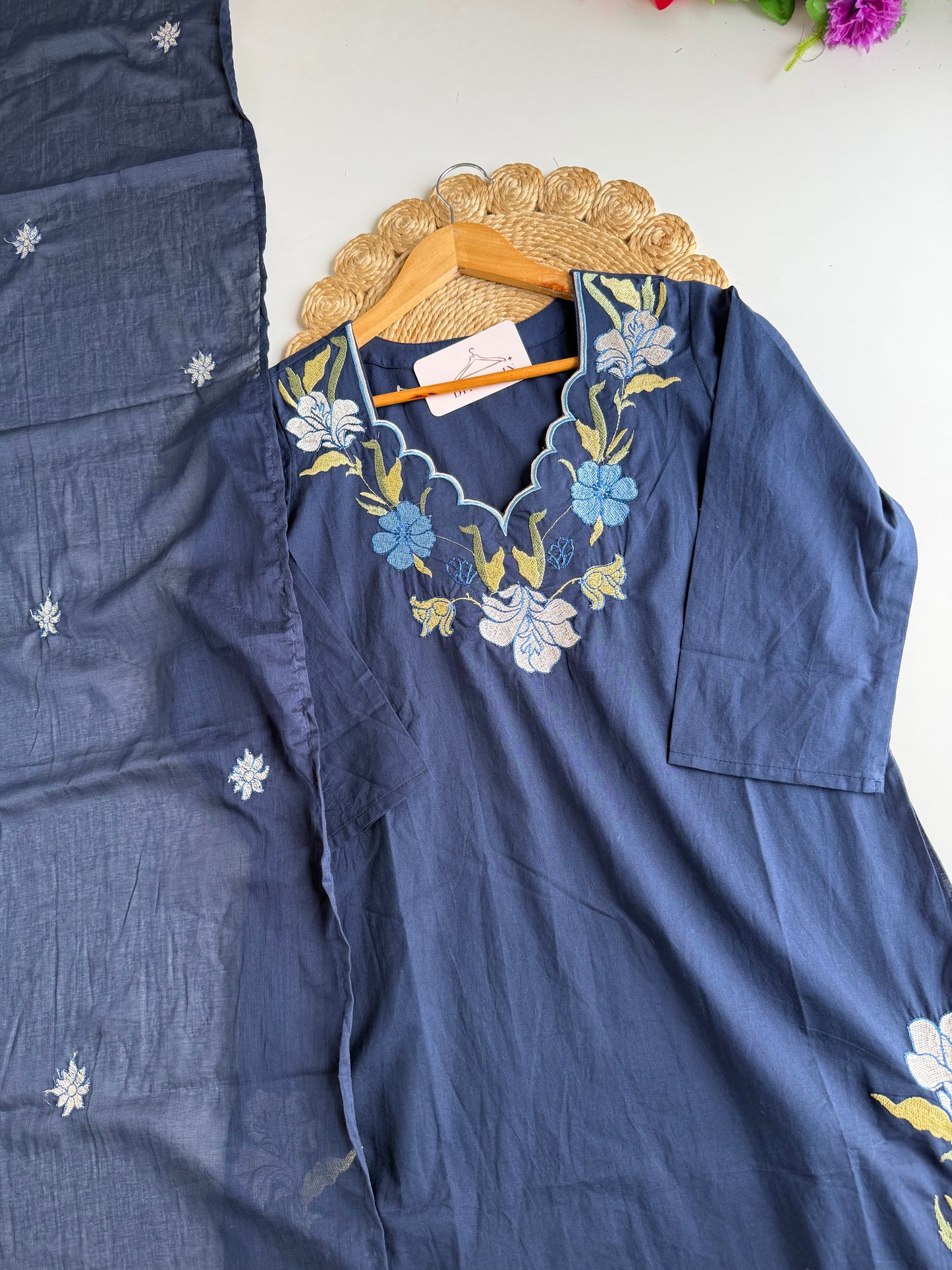 K687 - Mul cotton embroidered straight Kurti with pants and dupatta