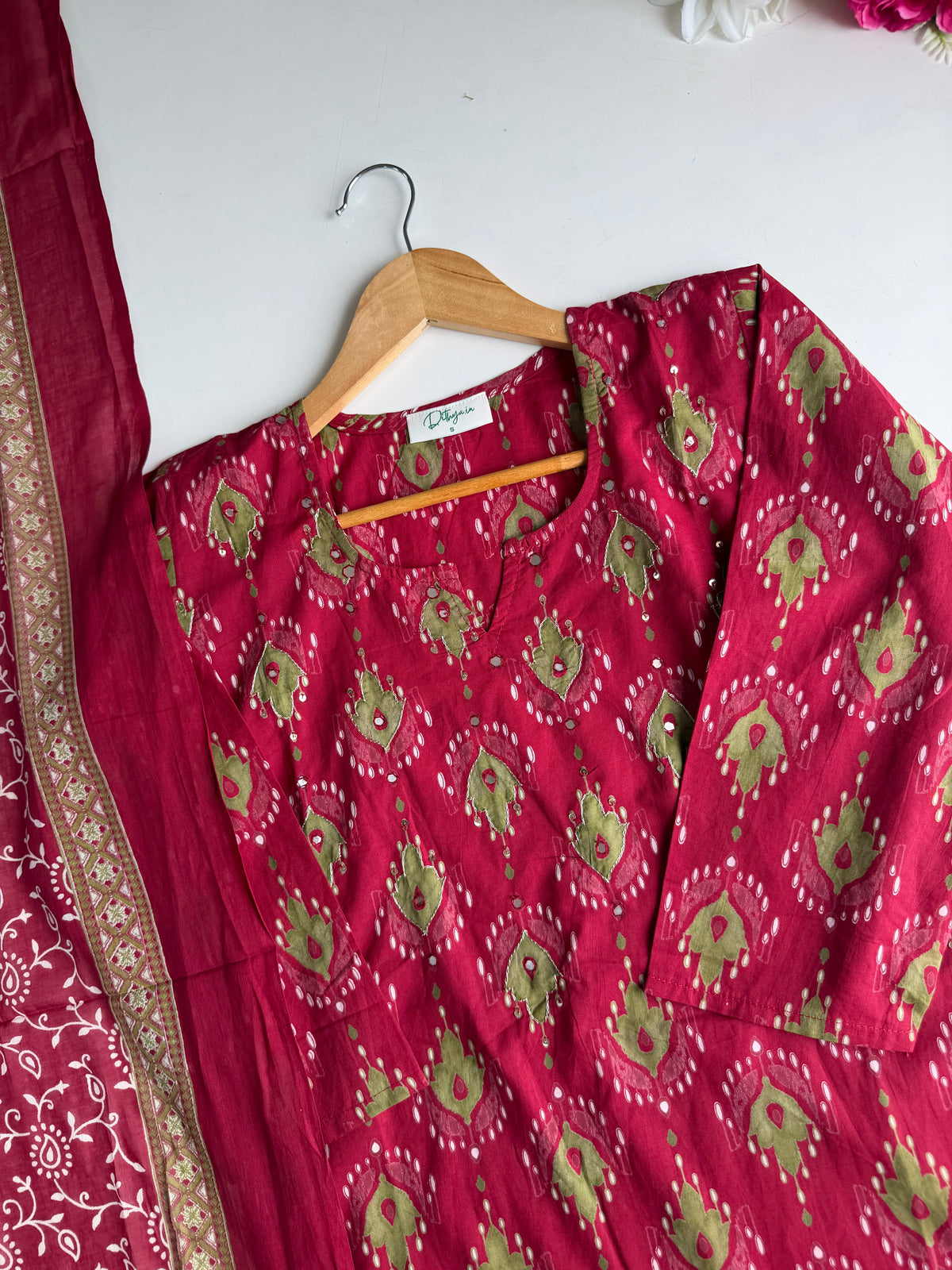 K220 - Mul cotton ajrakh mirror work straight Kurti with pants and dupatta
