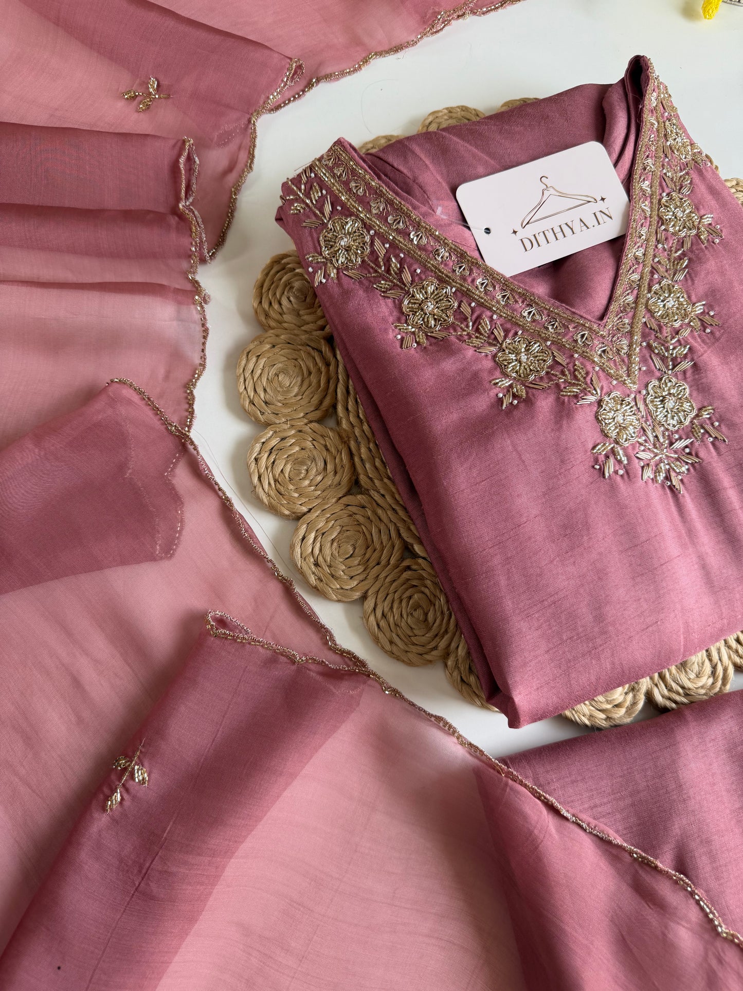 K661 - Russian silk handwork aline Kurti with pants and dupatta