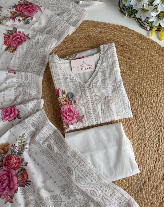 K097 - Mul cotton embroidered straight Kurti with pants and dupatta