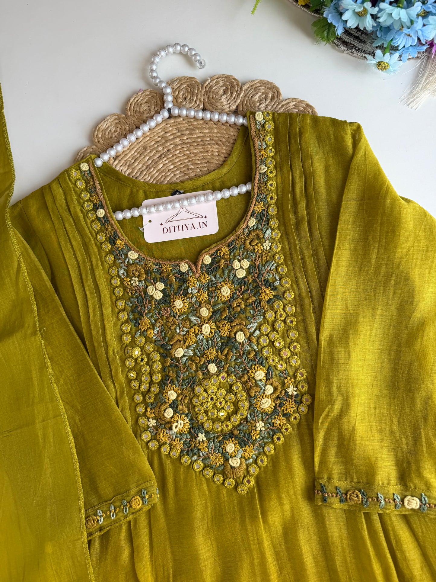 K604 - Mul chanderi embroidered Aline Kurti with pants and dupatta