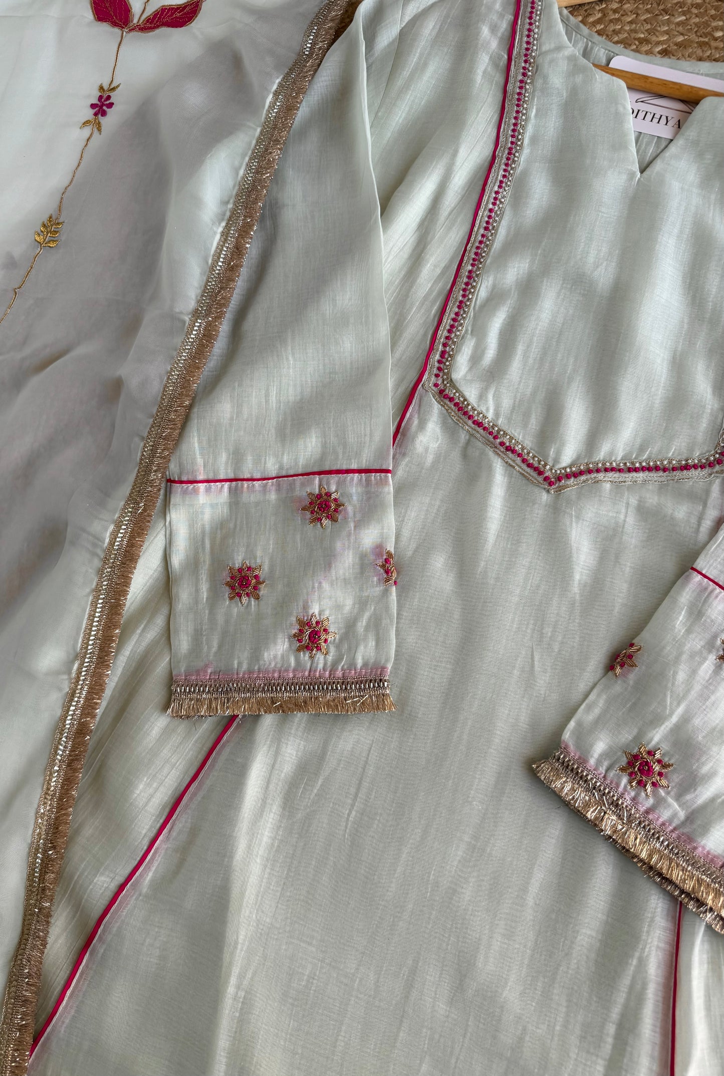 K323 - Mul Chanderi gota handwork aline Kurti with pants and dupatta