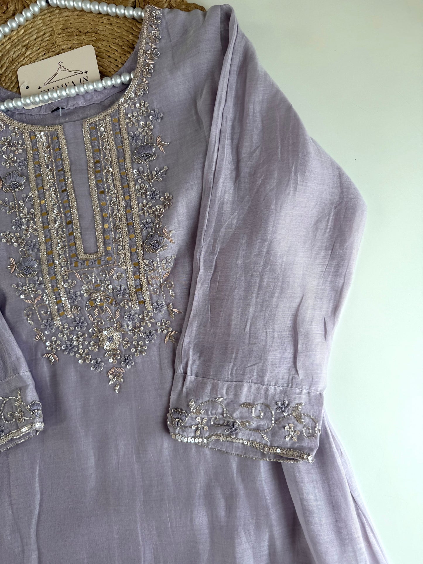 K493 - Mul chanderi handwork aline Kurti with pants and dupatta
