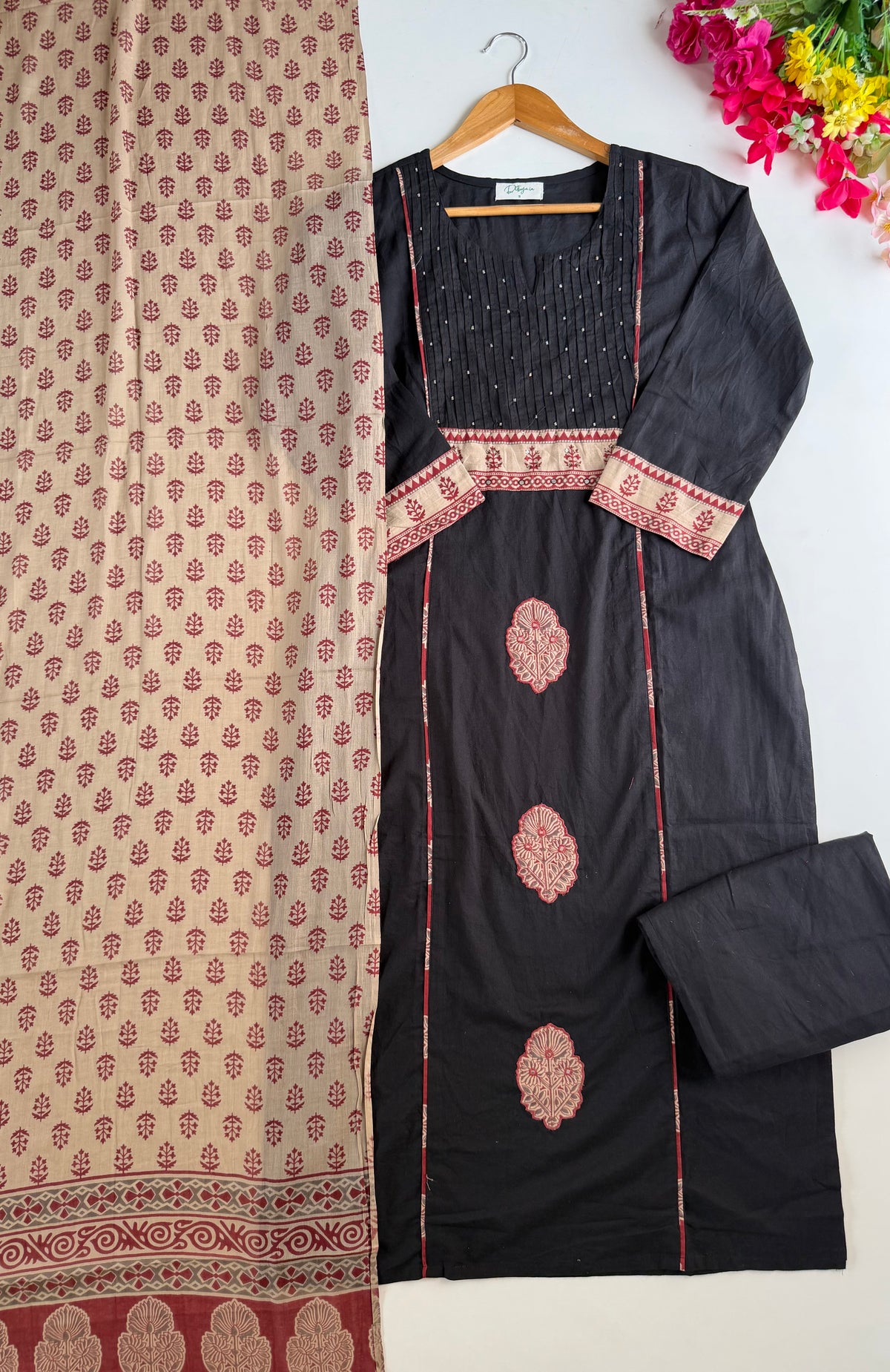 K109 - Mul cotton pintex embroidered straight Kurti with pants and dupatta
