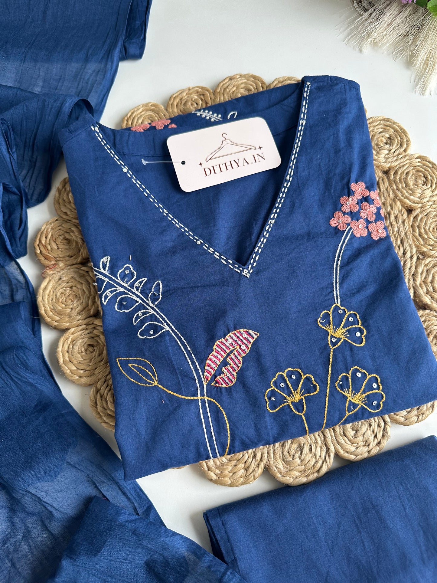 K592 - Cotton embroidered straight Kurti with pants and dupatta in 2 colours