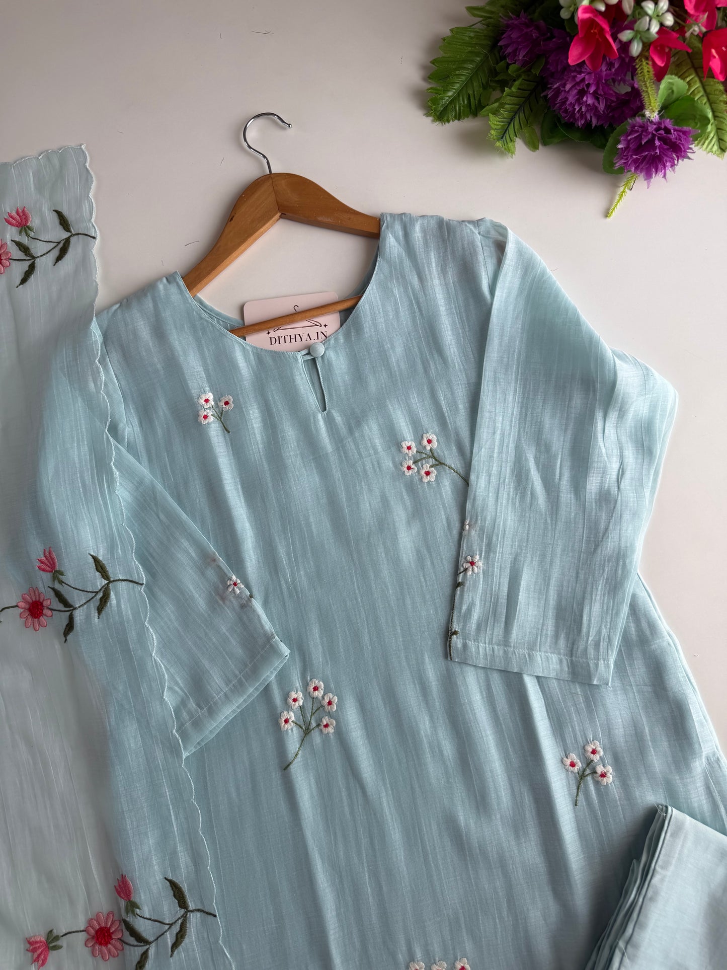 K629 - Mul chanderi 3D embroidered straight Kurti with pants and dupatta