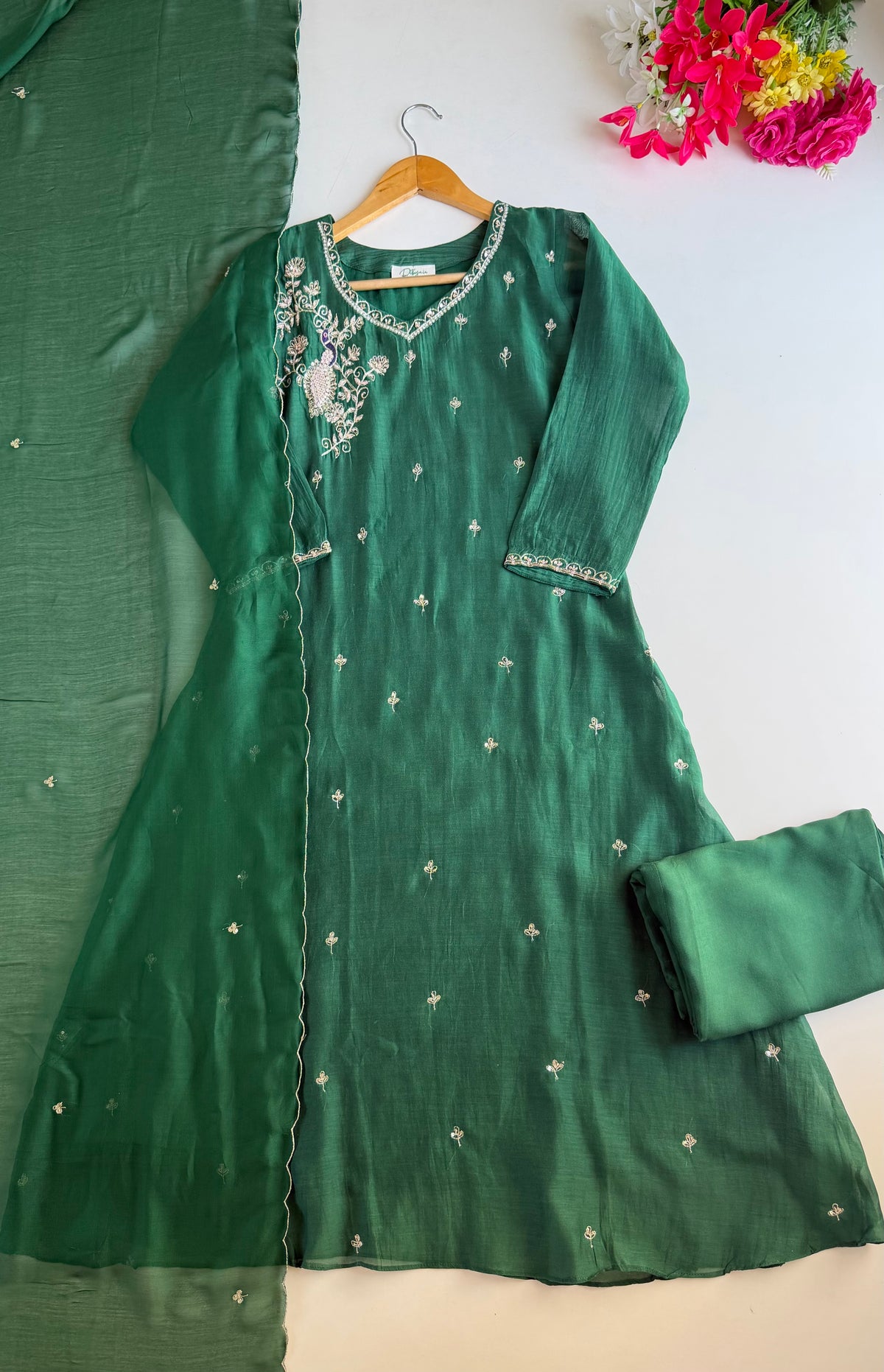 K691 - Banarasi Mul chanderi handwork Aline Kurti with pants and dupatta