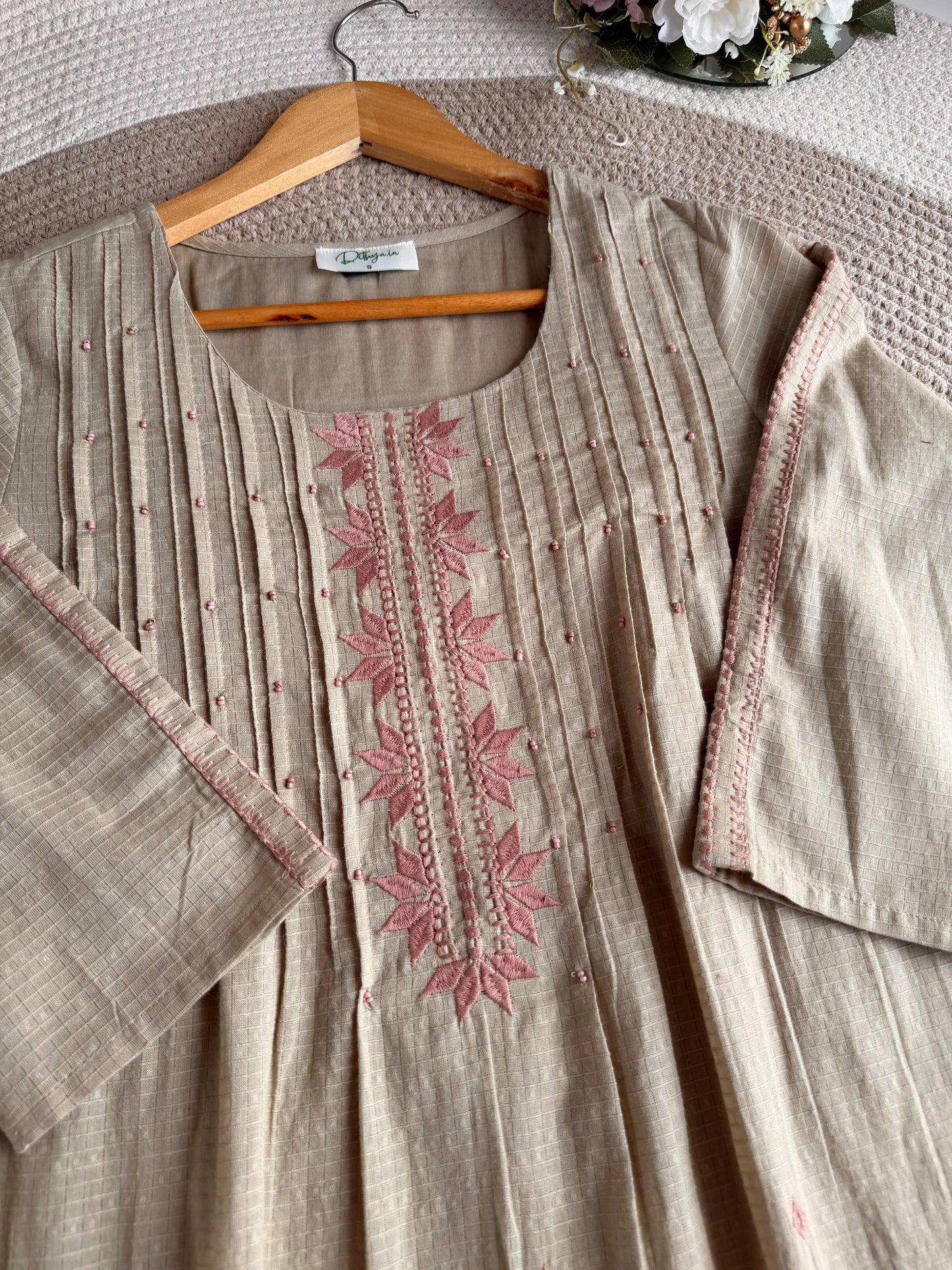 K226 - Mul cotton embroidered Aline Kurti with pants and dupatta in 2 colours