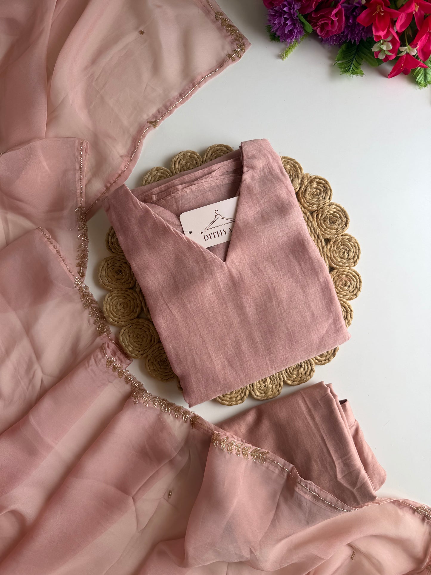 K564 - Mul chanderi handwork aline Kurti with pants and dupatta