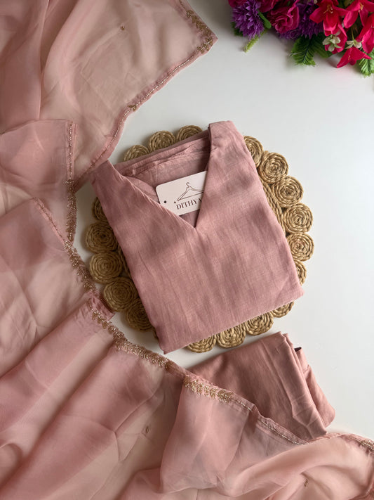 K564 - Mul chanderi handwork aline Kurti with pants and dupatta