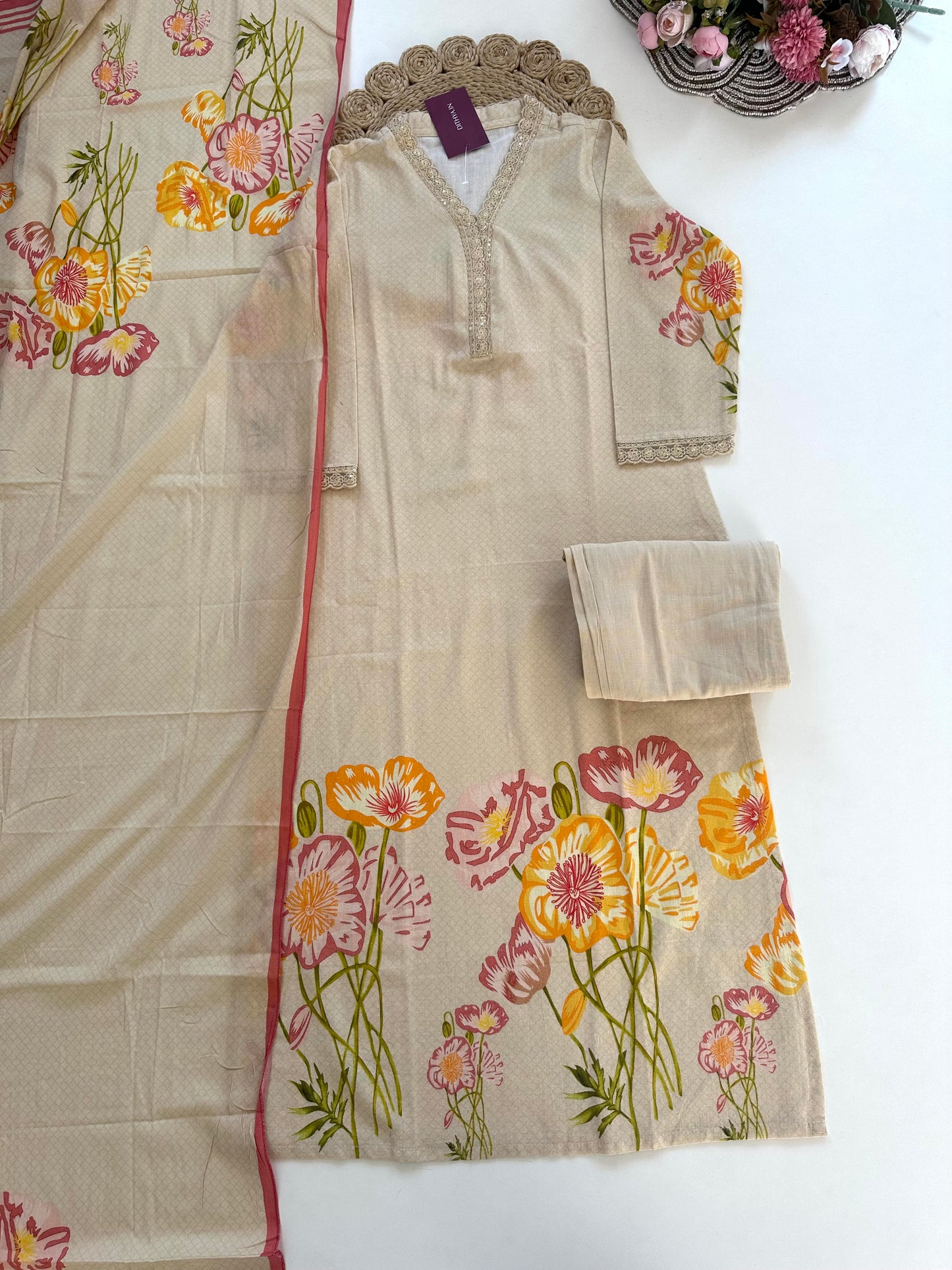 K374 - Muslin cotton straight Kurti with pants and dupatta