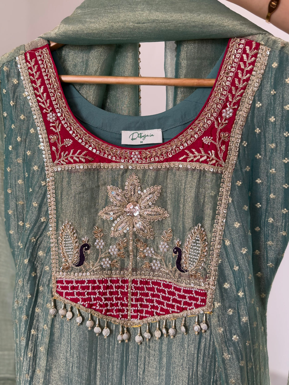 K542 - Tissue silk handwork Anarkali with pants and dupatta in 2 colours