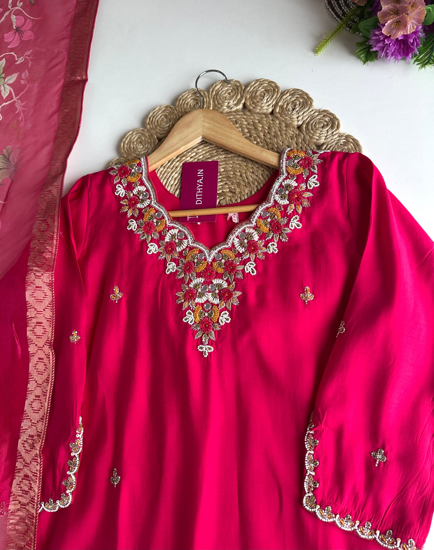 K274 - Roman silk handwork straight Kurti with pants and dupatta