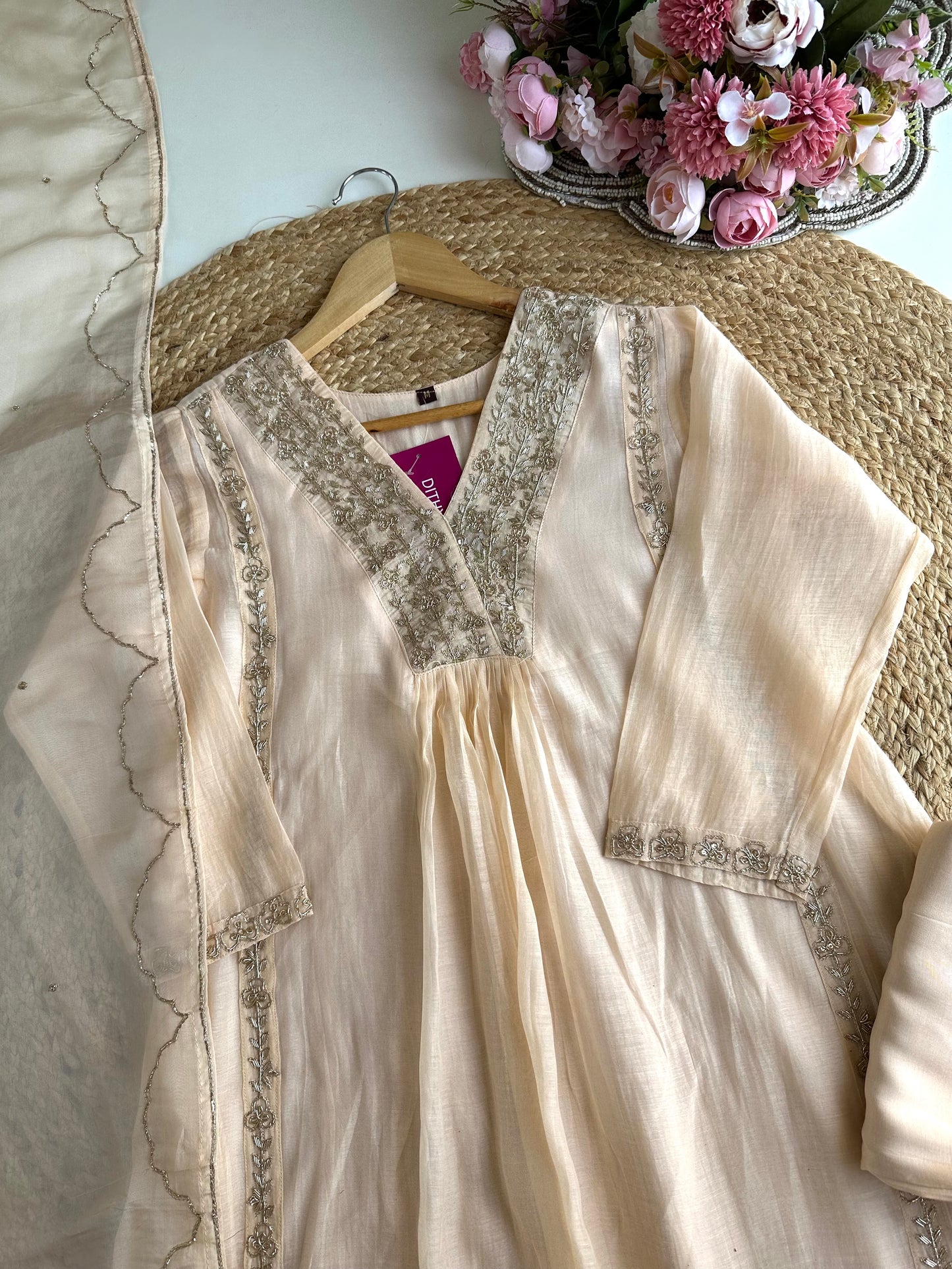 K165 - Mul Chanderi handwork Aline Kurti with pants and dupatta
