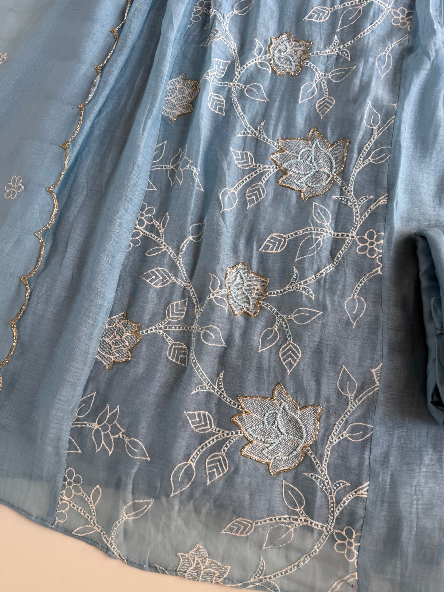 K735 - Mul chanderi embroidered Anarkali with pants and dupatta in 2 colours