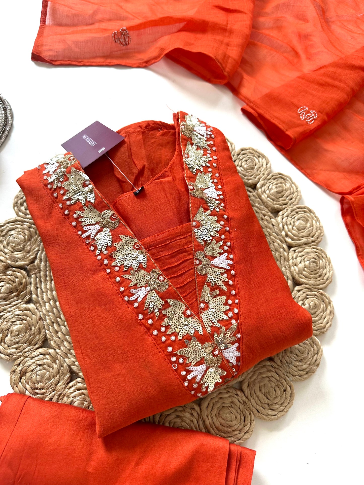 K003 - Mul Chanderi Handwork Aline kurti with pants and dupatta in 4 colours