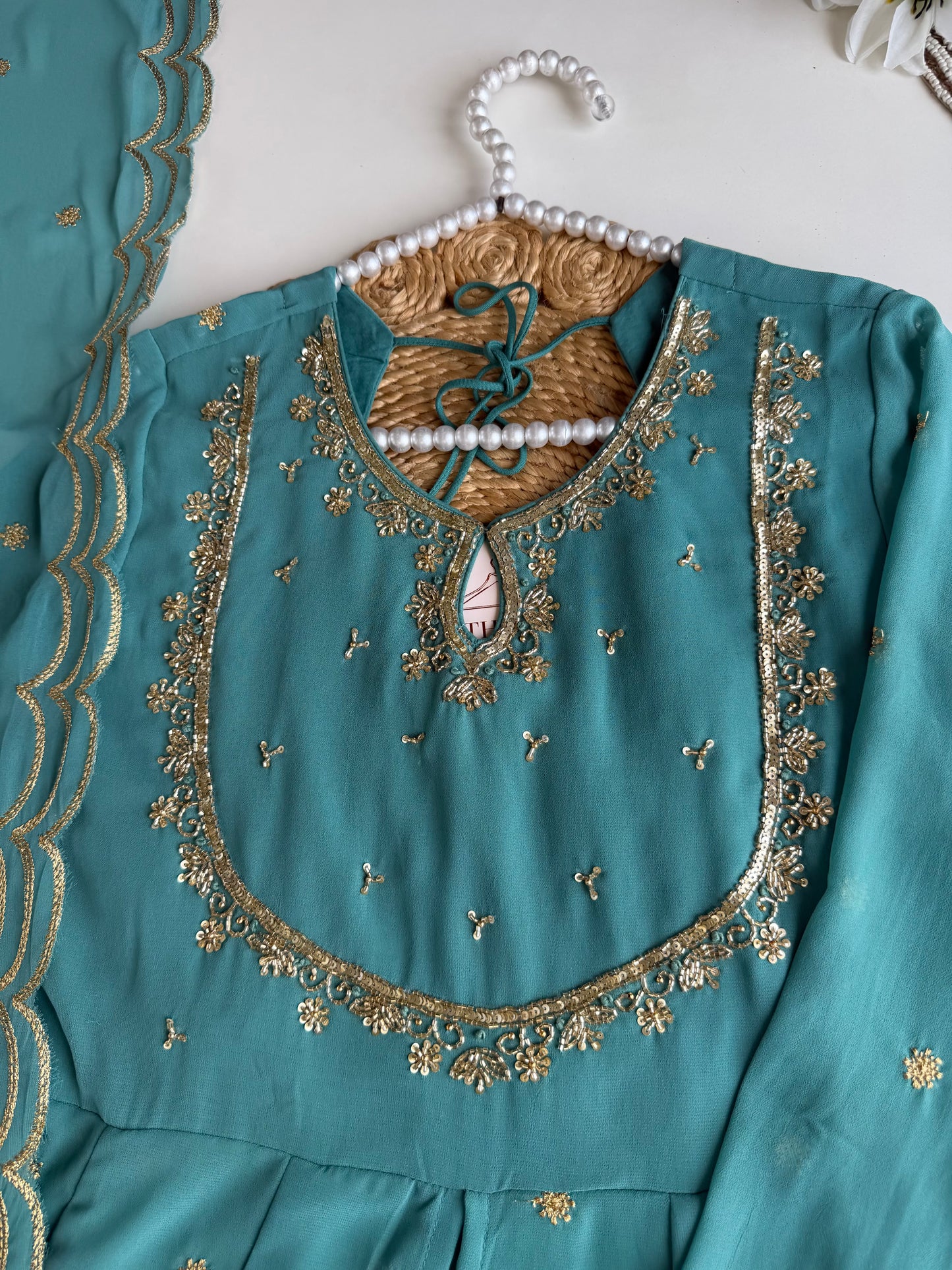 K636 - Georgette handwork Anarkali with centre slit, palazzo & Dupatta